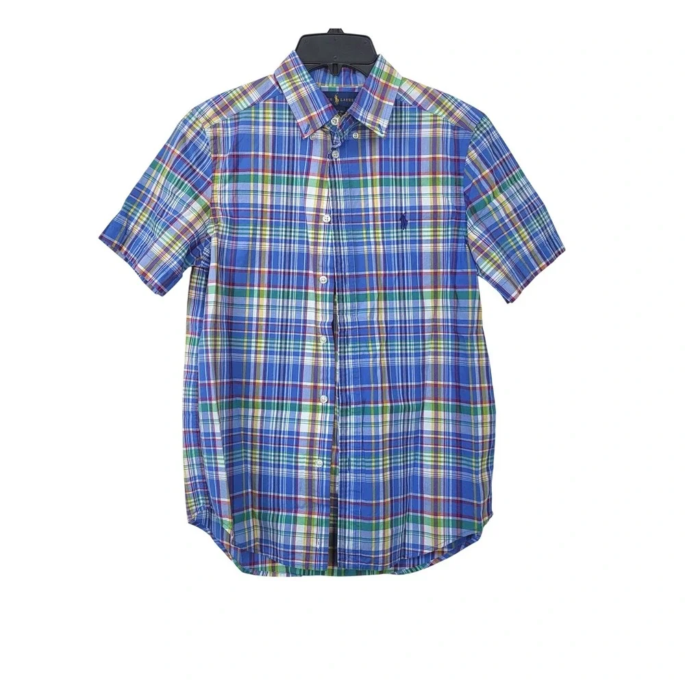 Ralph Lauren Boys Blue Plaid Short Sleeve‎ Preppy Button Down Shirt Large 14/16